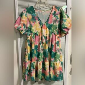 Peach Love California Womens Small Vibrant‎ Watercolor Babydoll Lined Dress